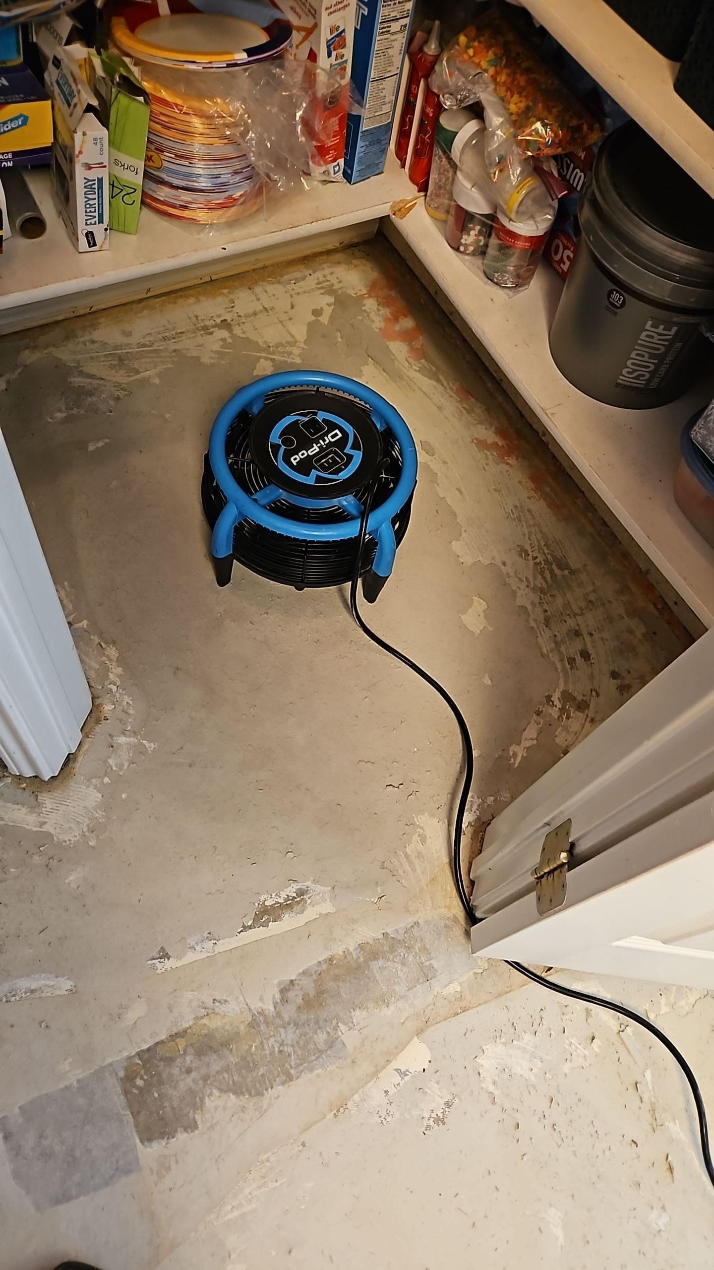 Pantry water damage mitigation with equipment running