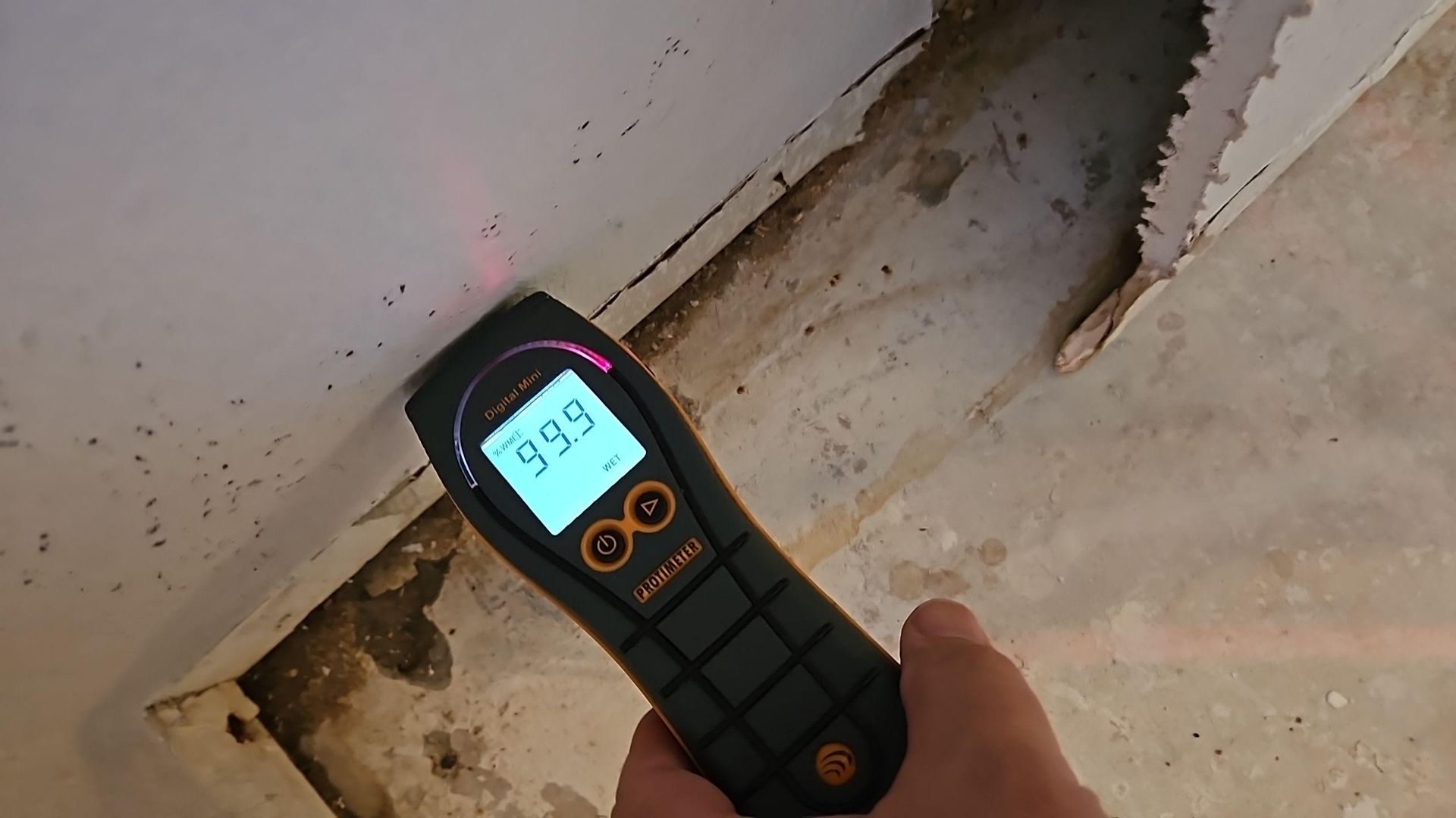 Technician taking moisture readings during water damage inspection