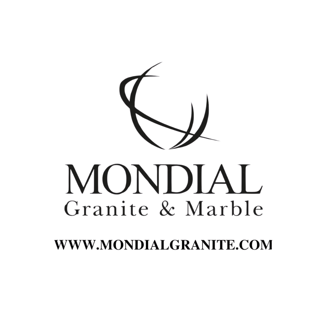A black and white logo for mondial granite and marble.