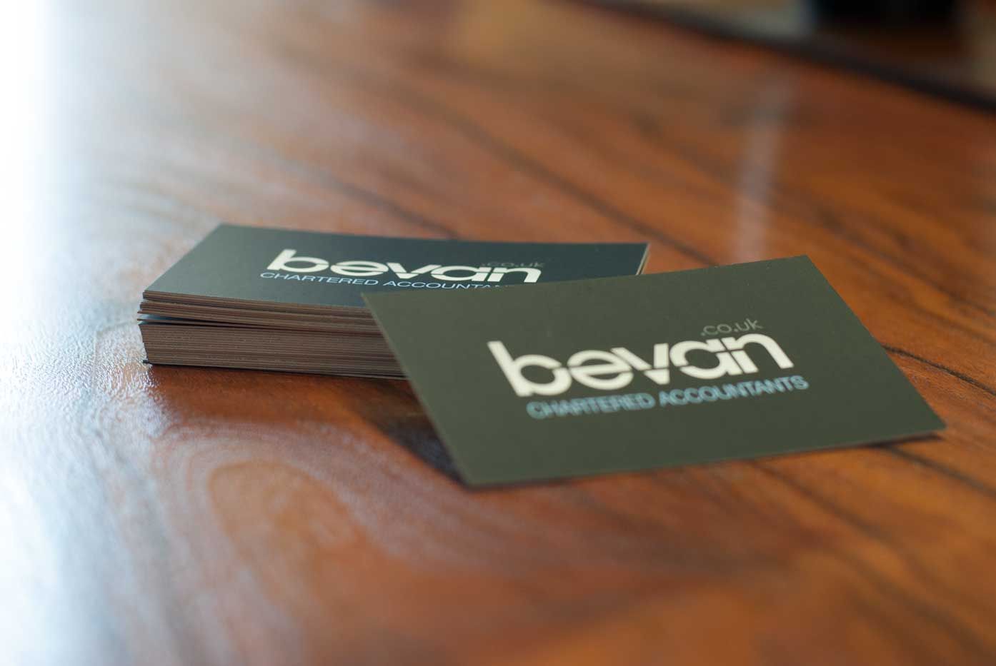 Bevan Chartered Accountants and Tax Advisers business cards.