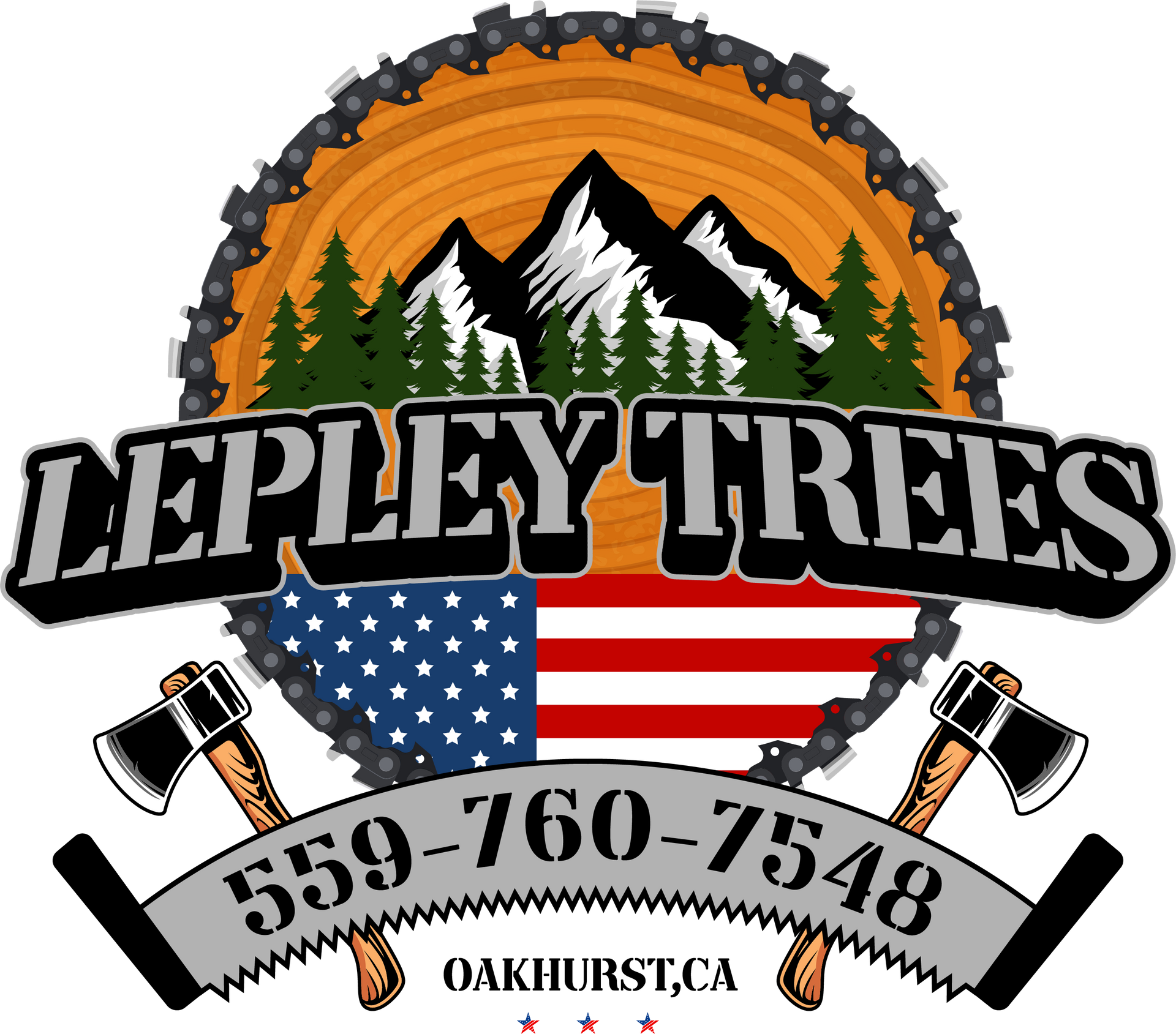 Lepley Trees logo: wood slice, mountains, trees, American flag, axes, chain saw, phone number, and location.