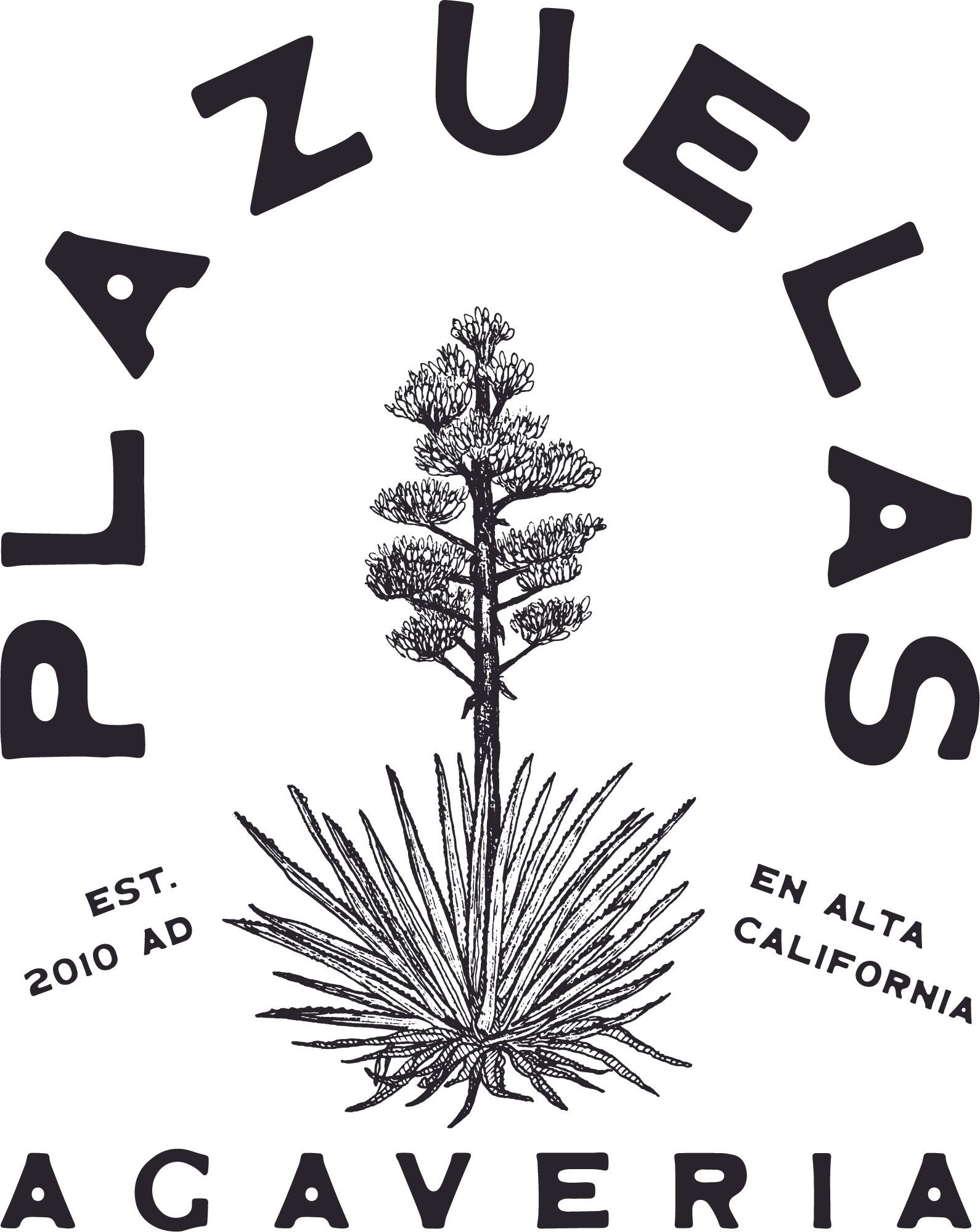 Logo for Plaza Azuelas Acaveria: agave plant within a circle of text, “Plaza Azuelas Acaveria.”