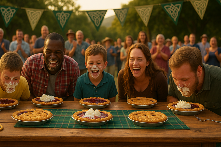 People in pie-eating contest; table with pies, faces covered in cream; spectators cheering.