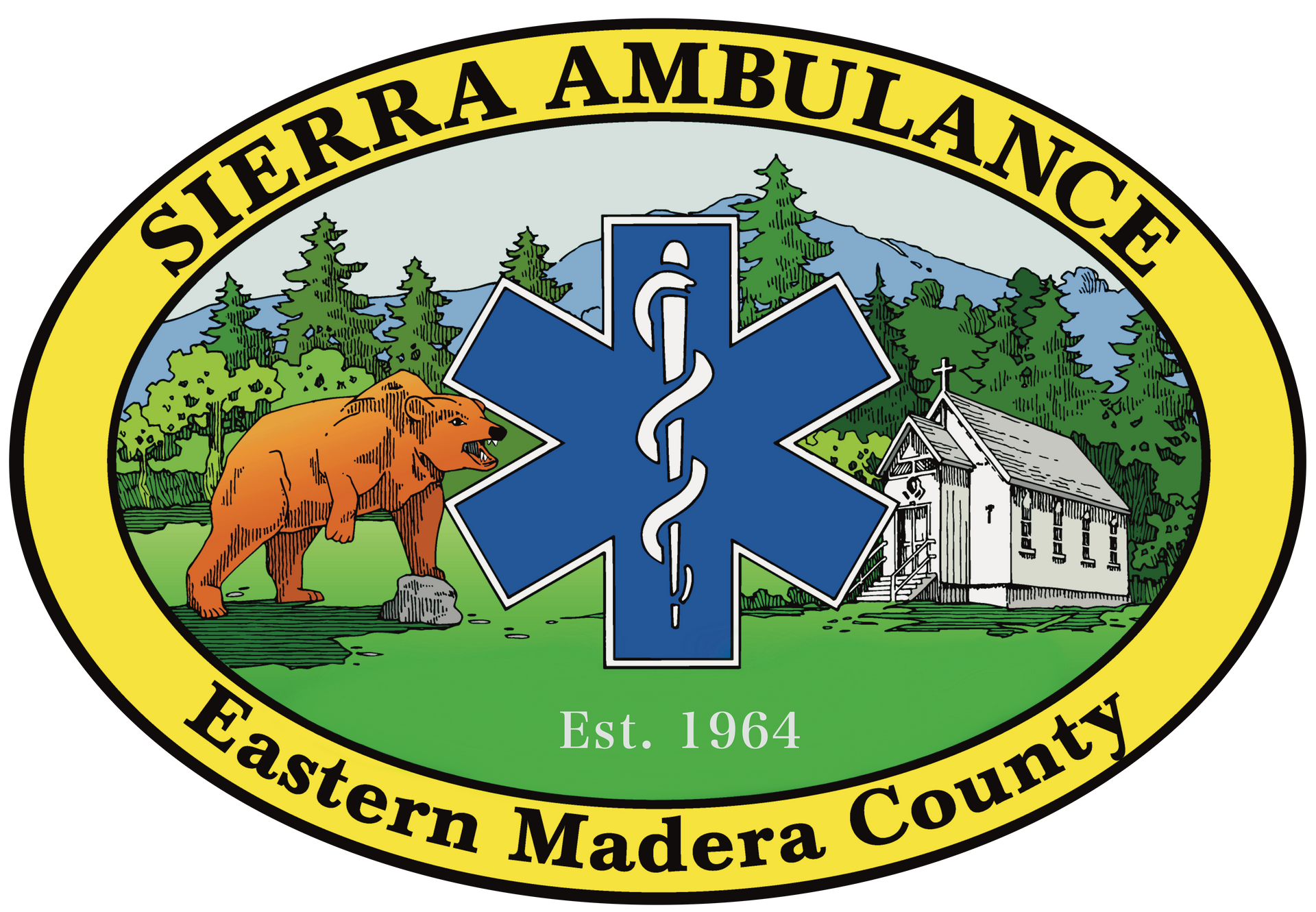Sierra Ambulance logo: Bear, church, star of life, and mountains. Eastern Madera County.
