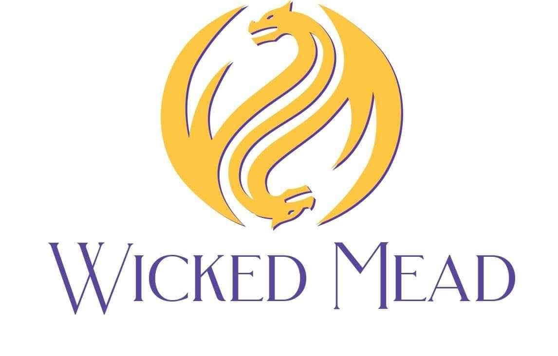 A logo for wicked mead with a dragon in a circle