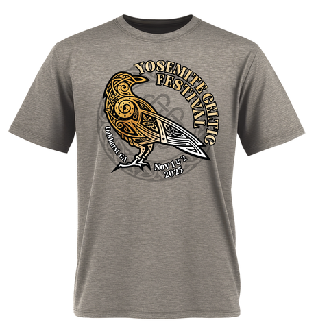Gray t-shirt with Yosemite Celtic Festival raven design in gold, black, and white.