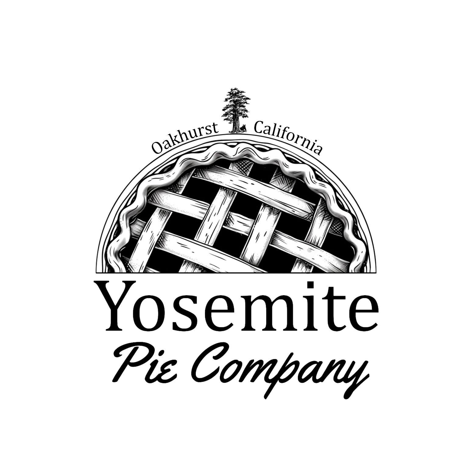 Logo: Yosemite Pie Company, Oakhurst, California. Pie with lattice crust design.