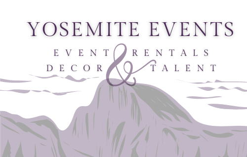 A logo for yosemite events with a mountain in the background