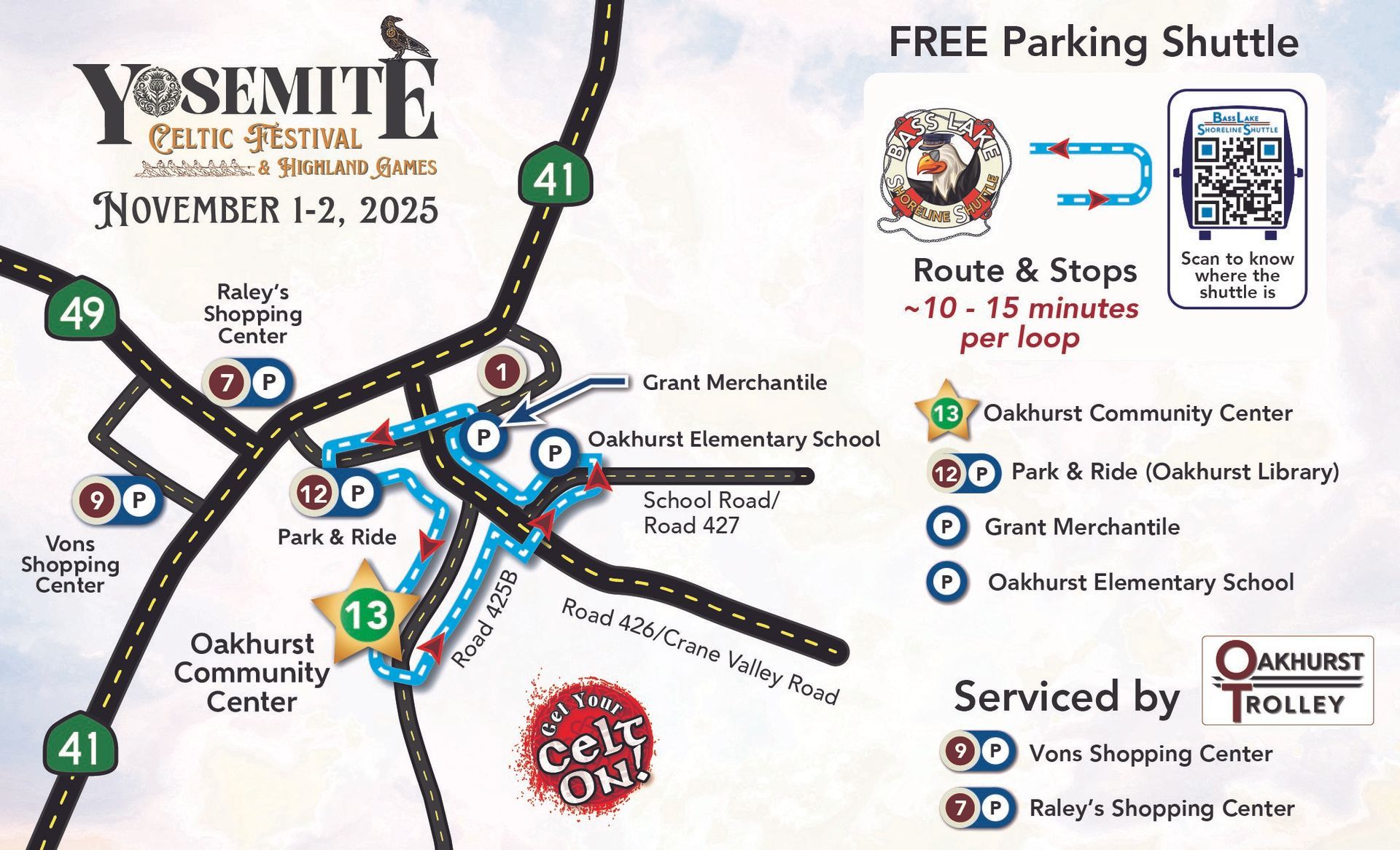 Map of Yosemite Celtic Festival with free parking shuttle route and stops.