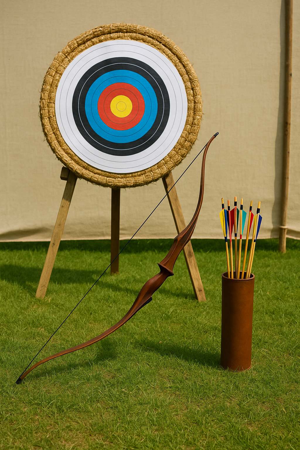 Archery target with bow and arrows on a green lawn.