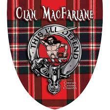 Clan MacFarlane emblem on tartan background. Silver warrior with sword, text 