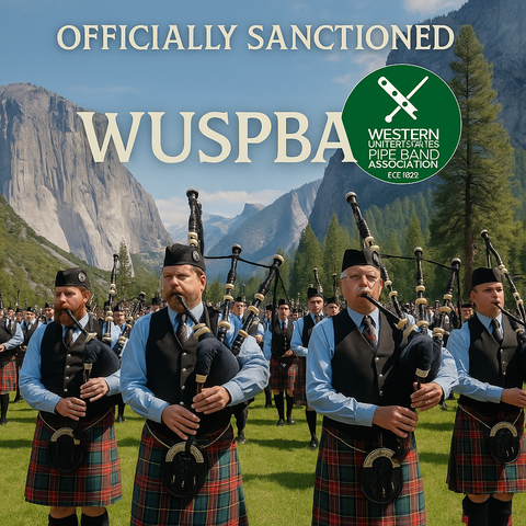 Bagpipers in kilts play in front of mountain range; official WUSPBA sanction logo.