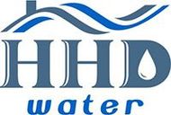 The logo for hhd water is blue and white with a wave and a drop of water.