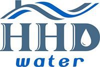 The logo for hhd water is blue and white with a wave and a drop of water.