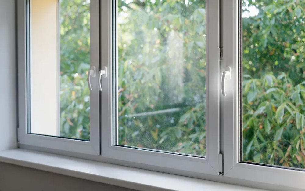 A close up of a white window with a view of trees.