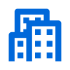 Une icône bleue et blanche d'un bâtiment sur fond blanc.
