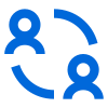 Une icône bleue de deux personnes connectées l'une à l'autre sur fond blanc.