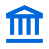 Une icône bleue d'un bâtiment avec des colonnes sur fond blanc.