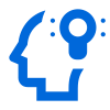 Une icône bleue représentant la tête d'une personne avec des supports et une ampoule.