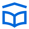 Une icône bleue d'un livre avec un toit sur fond blanc.