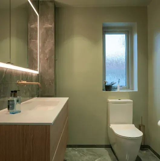 Moderne badeværelse med lysegrønne vægge, træhåndvask og hvidt toilet.