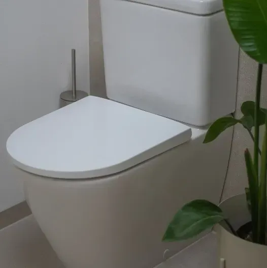 Hvidt toilet med lukket låg, toiletbørste og potteplante i et moderne badeværelse.