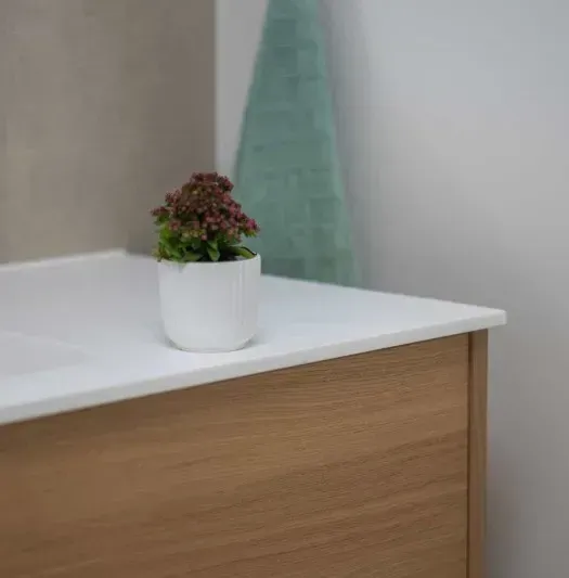 Hvidt bordplade i træ med en potteplante og et blågrønt håndklæde på et badeværelse.