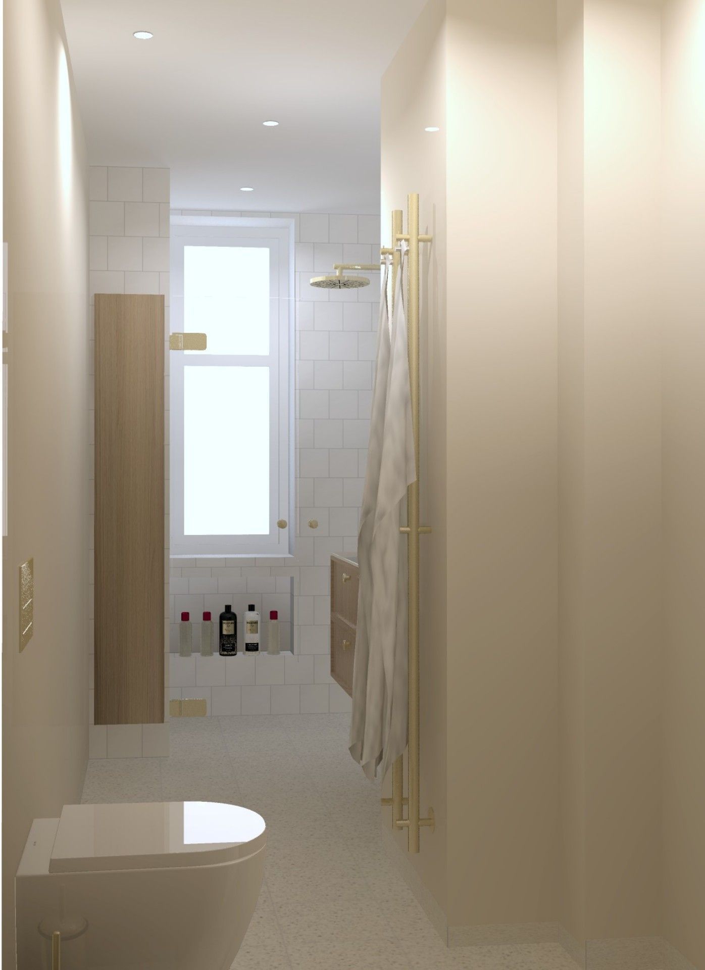 Smalt badeværelse med hvide fliser, guldfarvede armaturer og et træskab.