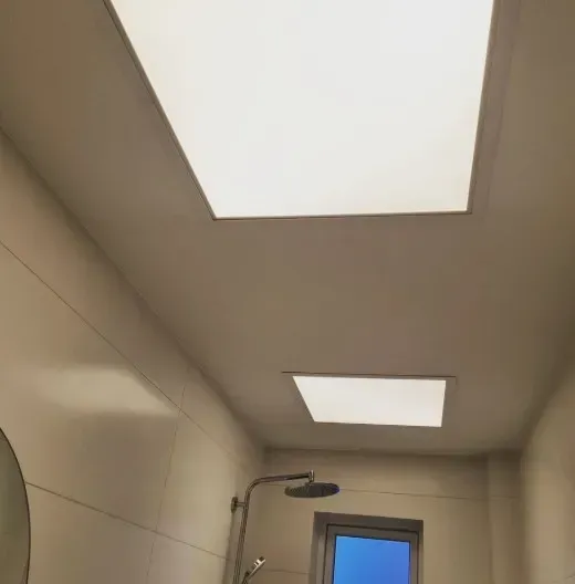 Badeværelsesloft med to firkantede, klare, indbyggede lamper. Bruser og vindue synlige.