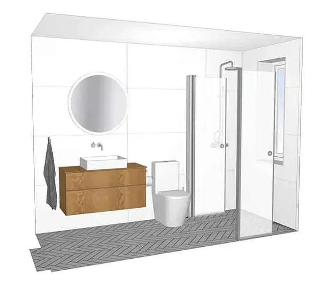 Badeværelse med hvide flisebelagte vægge, sildebensgulv, trævaskebord, rundt spejl og brusekabine i glas.