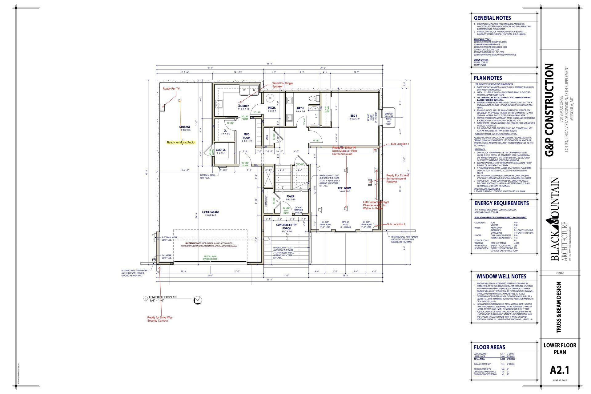 Architectural blueprint of a home floor plan with labeled rooms and dimensions, by GAP Construction.
