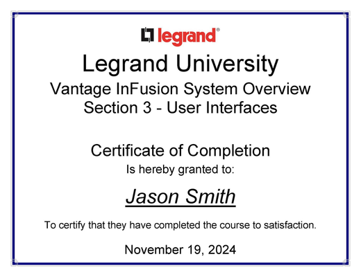 Certificate of completion from Legrand University, granted to Jason Smith, dated November 19, 2024.