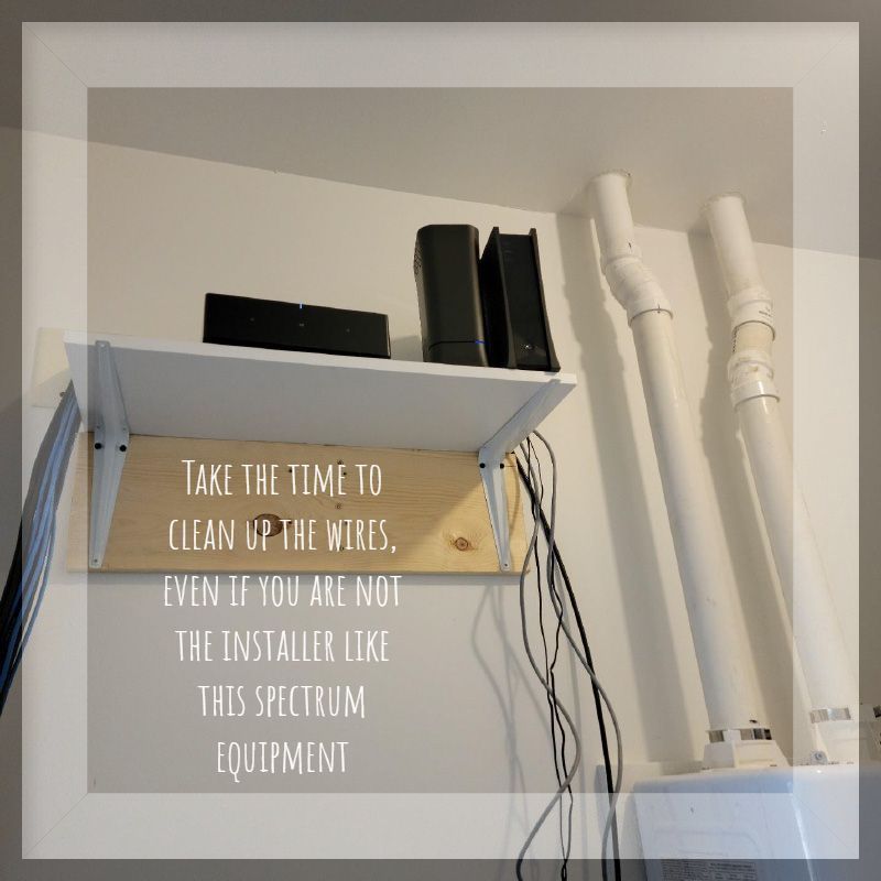 Shelf with Spectrum equipment and messy wires. Text urges cleaning up the wires.