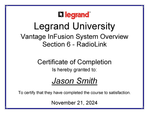 Certificate from Legrand University, Vantage InFusion System Overview, RadioLink