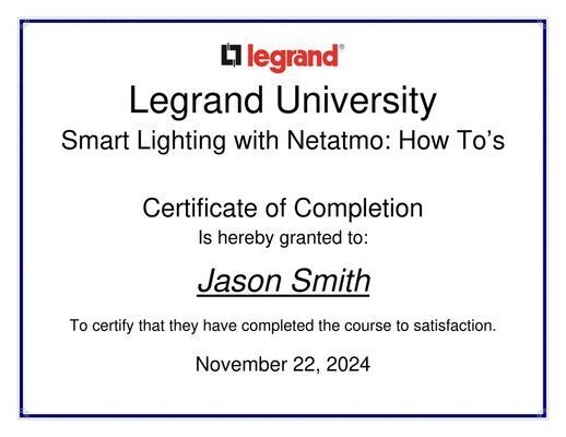 Certificate of completion from Legrand University, 