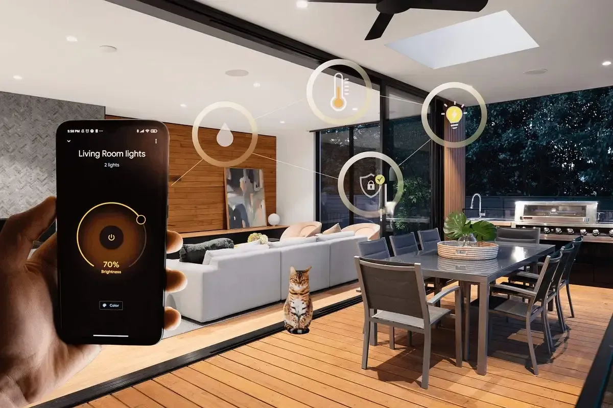 Modern living room with smart lights controlled by a smartphone app