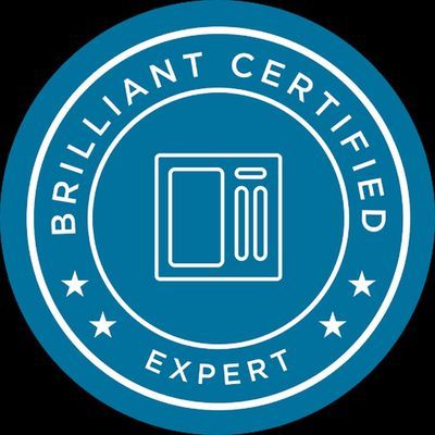 Blue circular badge with white text: 