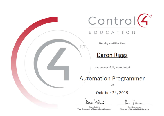 Certificate for Daron Riggs as Automation Programmer, Control4 Education, October 24, 2019. Red and gray logo.
