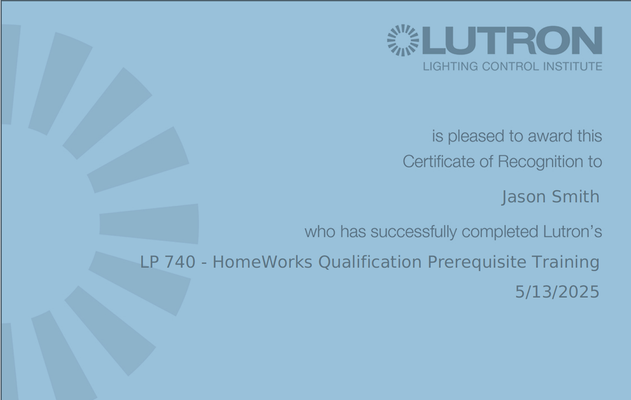 Certificate from Lutron, awarding Jason Smith for completing HomeWorks Training, dated 5/13/2025.