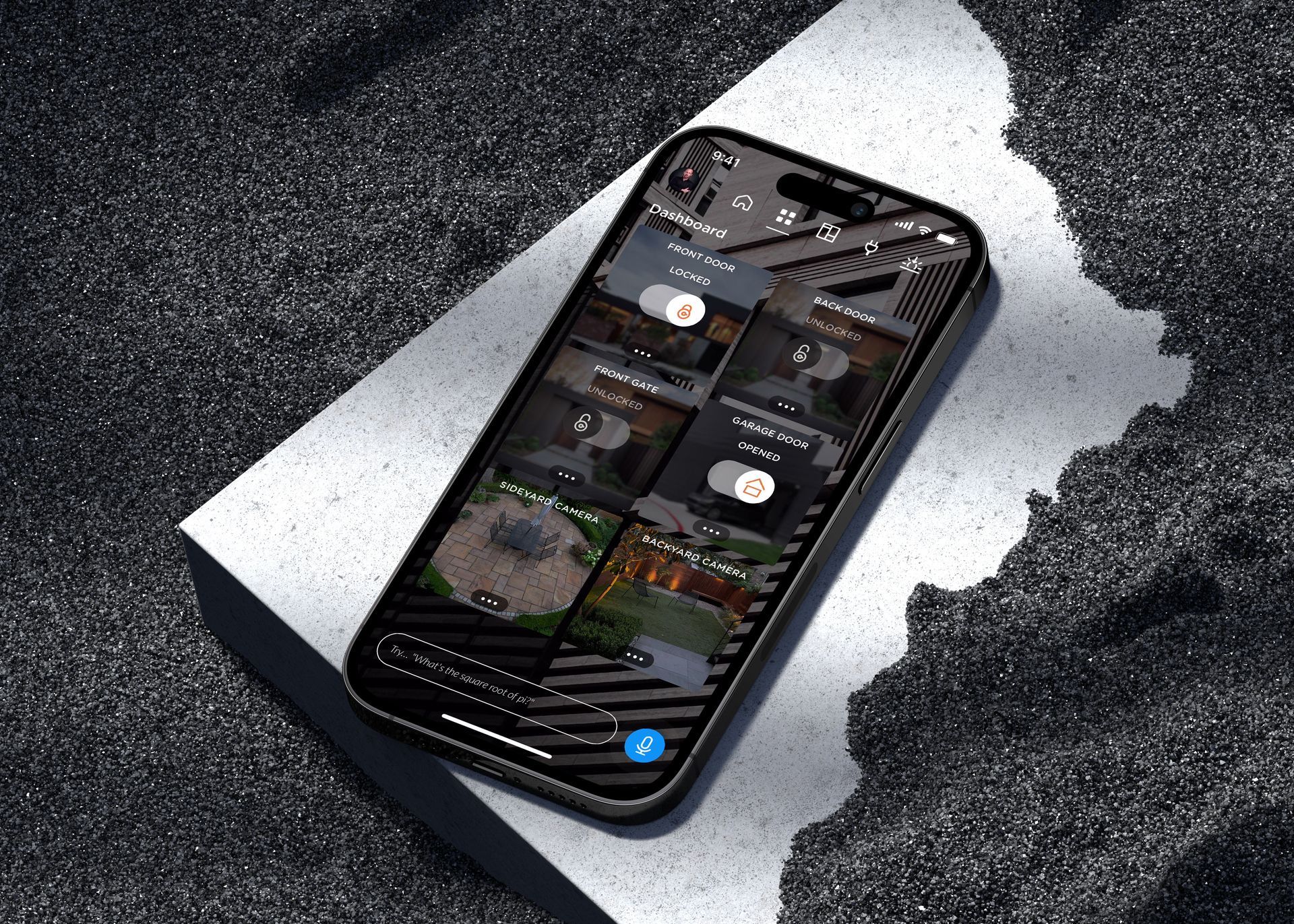 Josh A.I. smart home app showing smart lock, garage door, and camera controls on a smartphone