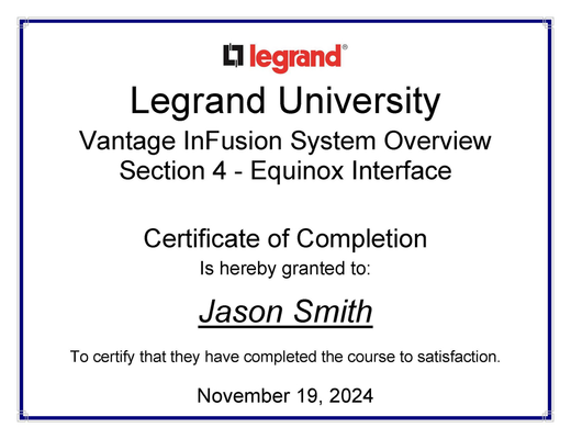 Certificate of completion from Legrand University, Vantage InFusion System. Awarded to Jason Smith, dated November 19, 2024.