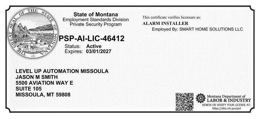 Montana alarm installer license, details include license number, status, and expiration date.