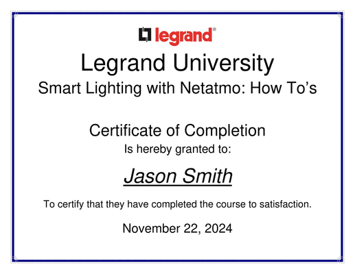 Certificate of completion from Legrand University, 