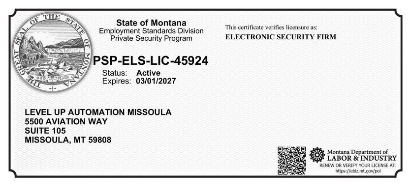Montana Private Security Program license for Level Up Automation in Missoula.