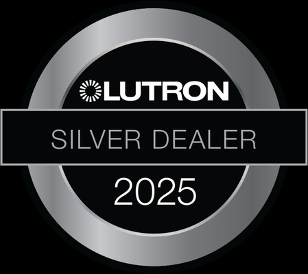 Lutron Silver Dealer 2025 badge: Silver and black circular logo with 