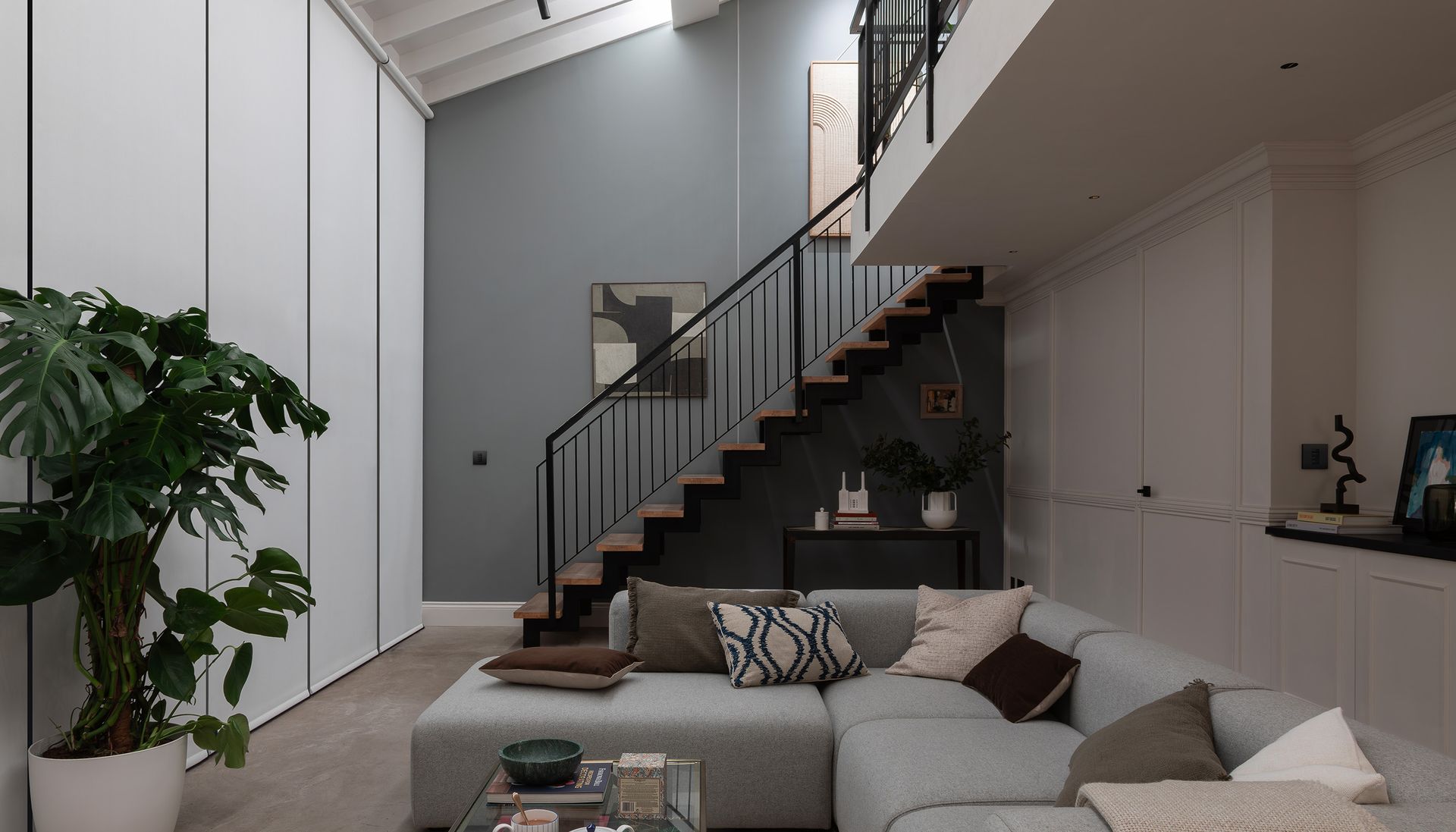 Modern smart home living room with staircase