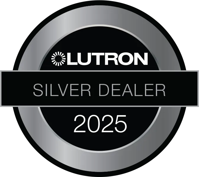 Lutron Silver Dealer 2025 badge: Silver and black circular logo with