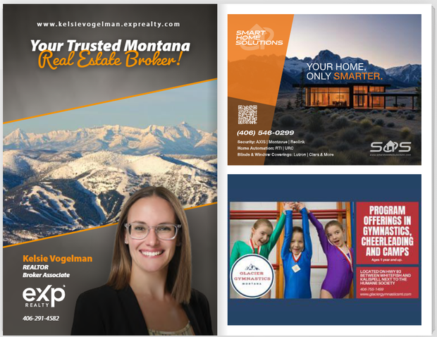 Real estate broker ad, house ad, and gymnastics camp ad; all with text and images.