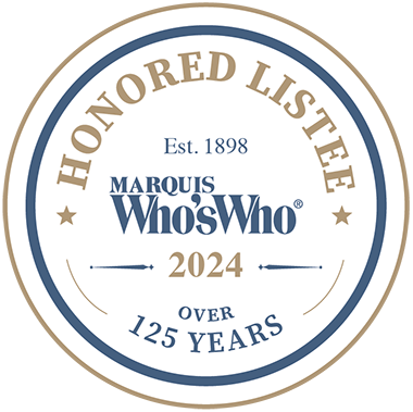Honored Listee Marquis Who's Who 2024 seal. Blue, gold, and white. Over 125 years.
