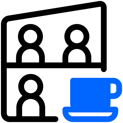 Uma xícara azul de café está em uma prateleira ao lado de um grupo de pessoas.